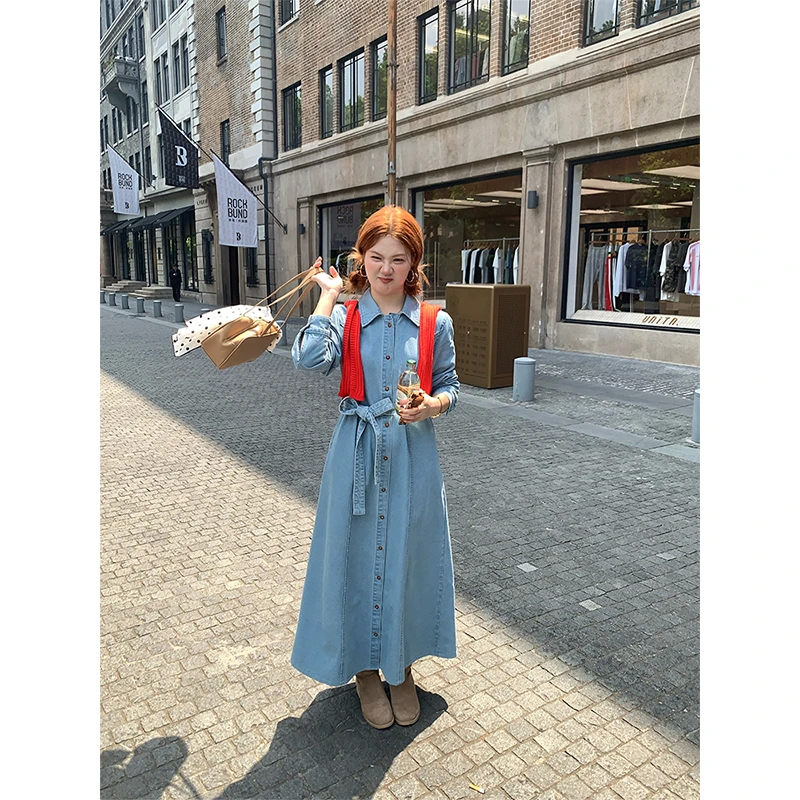 火火【牛仔乌托邦】韩国chic设计感系带显瘦牛仔连衣裙L24144HH43