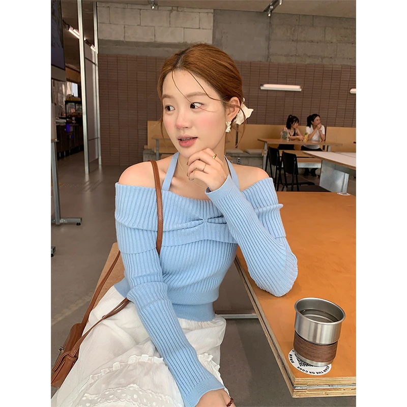 火火火【循环心动】韩系显瘦一字肩挂脖针织上衣M23896HH43