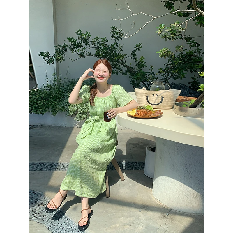 火火火【青提冻冻】韩版格子方领连衣裙夏季长裙L22914HH42