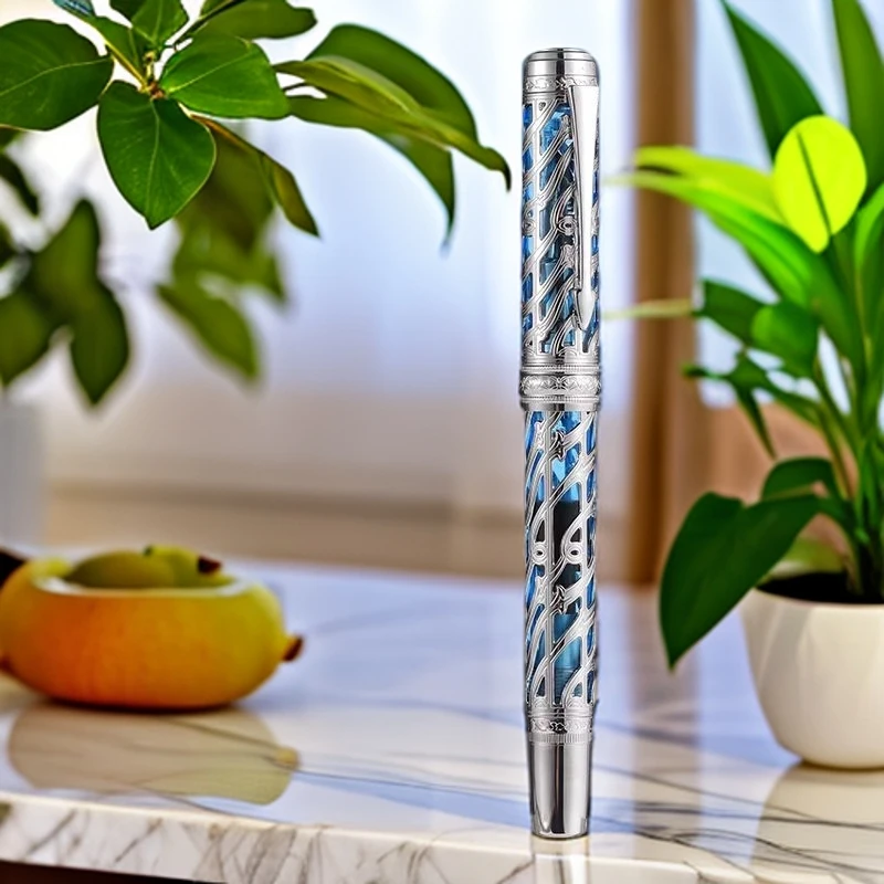 银蓝（黑色）常青藤高档精致商务办公高颜值长刀研练字活塞钢笔