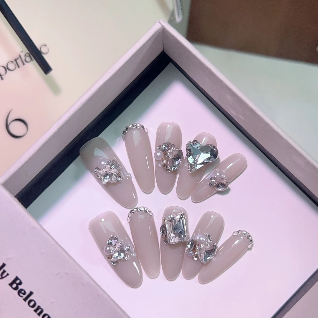 希部穿戴甲手工穿戴甲长款美甲贴满钻简约风美甲成品