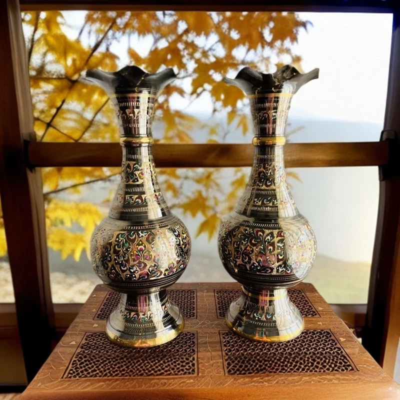 手工创意纯黄铜大肚子古典复古花瓶一对高度40厘米工艺品金色摆件