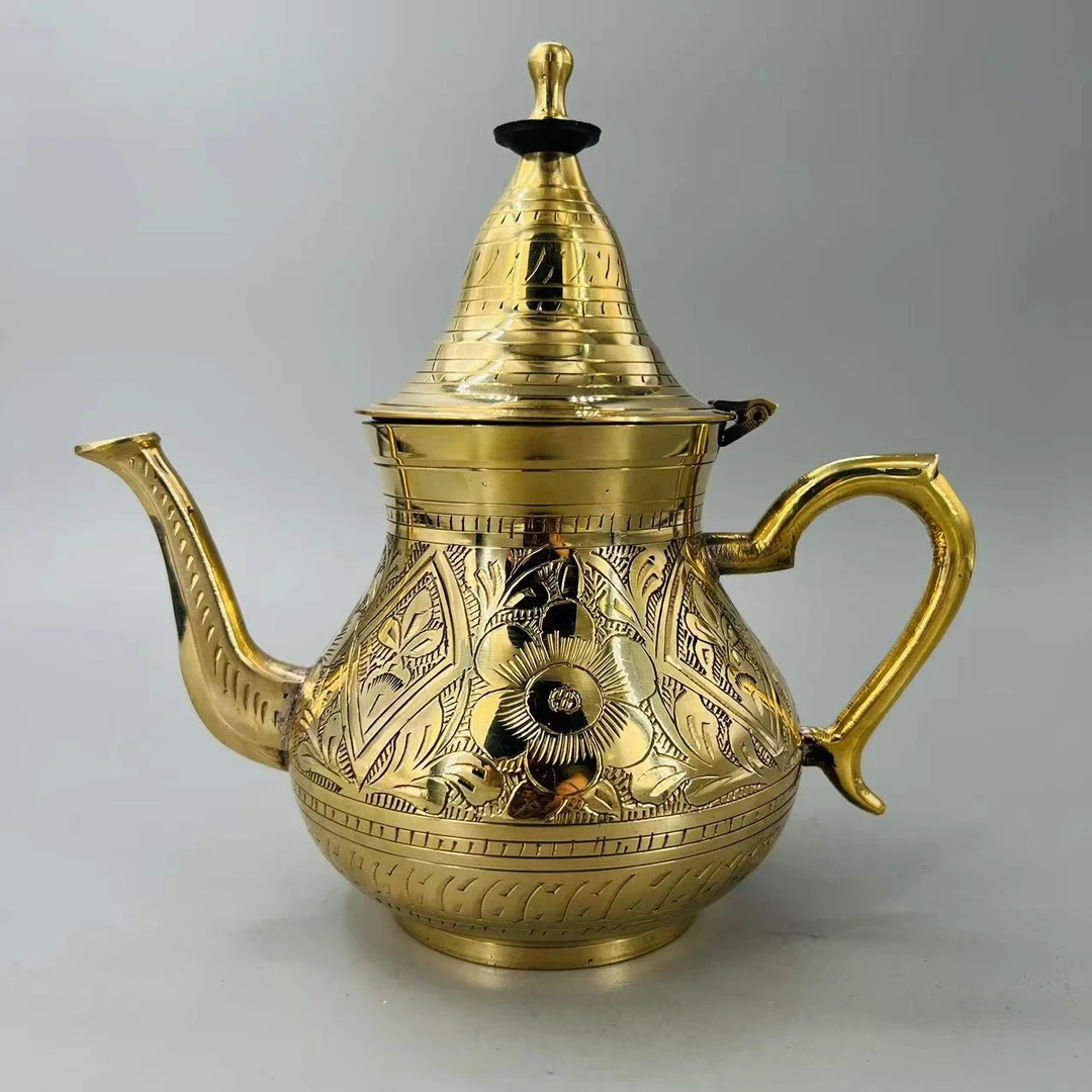 纯手工黄铜摆件金色雕刻茶壶