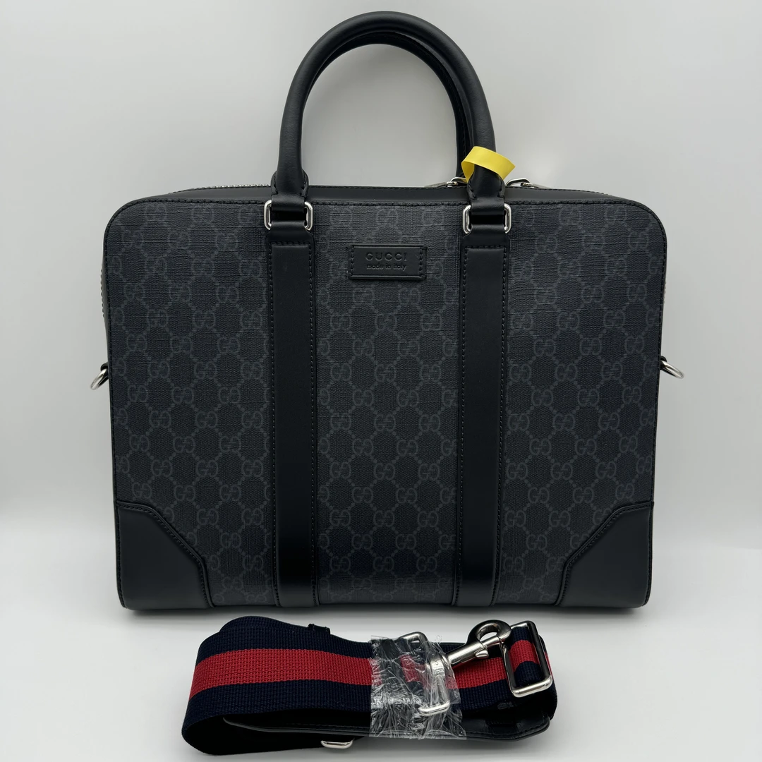 99新 GUCCI/古驰 98新黑花拼皮手提公文包/男士经典商务印花/1509