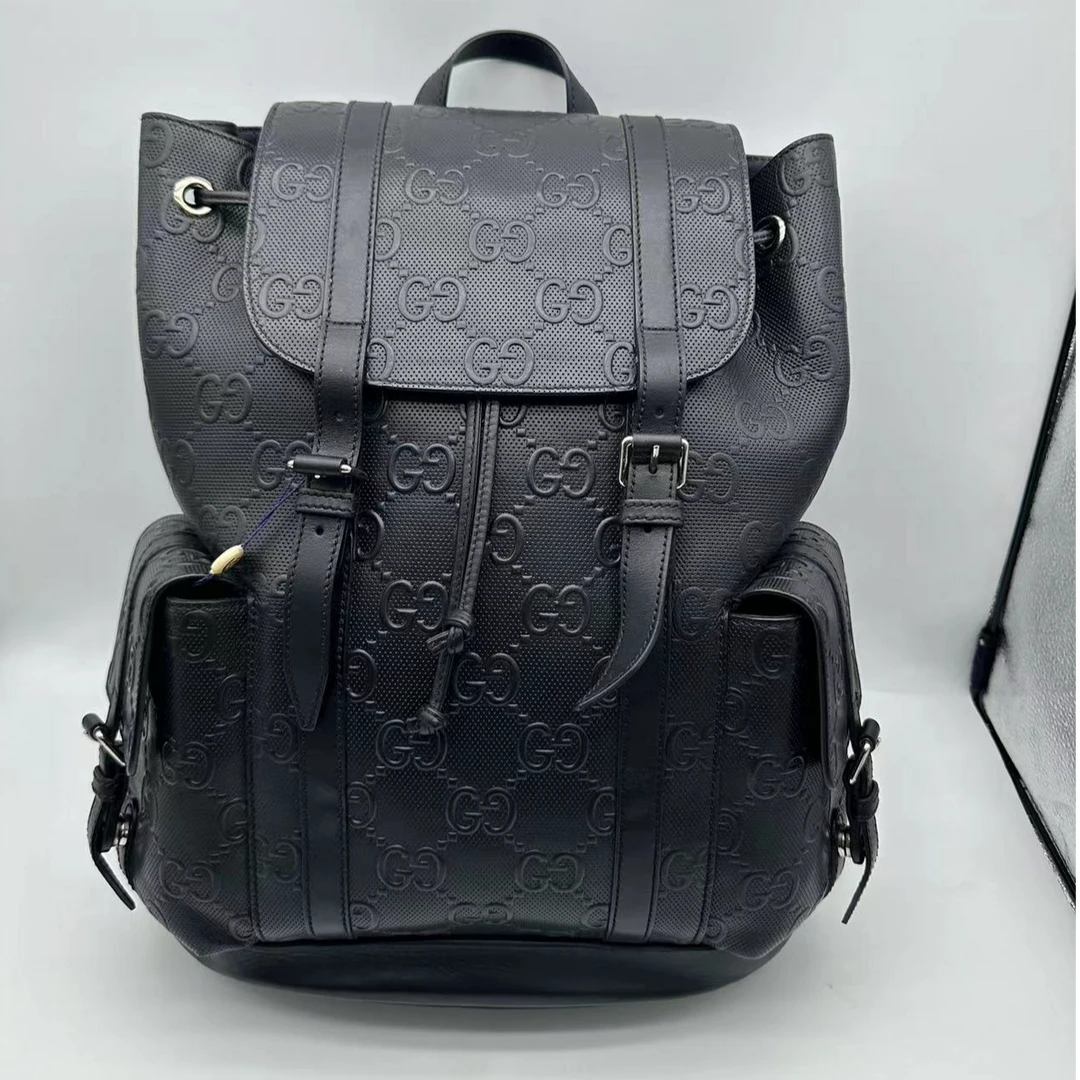 99新 GUCCI/古驰 98新老花Logo压纹皮革大容量翻盖双肩包/1644