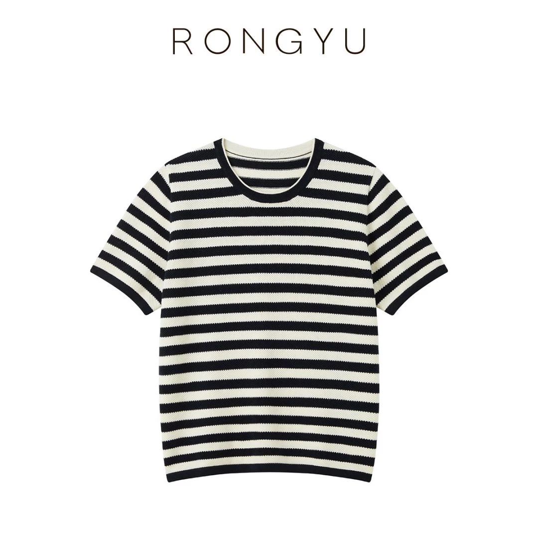 RONGYU绒郁推荐32支纯棉菠萝纹针织时尚百搭夏季宽松条纹圆领套头