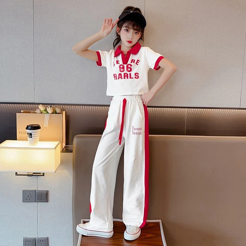 女童运动套装夏季2023新款中大童短袖Polo衫上衣休闲长裤两件套