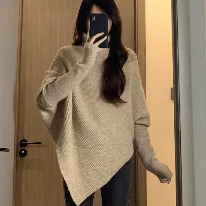 不规则高领毛衣女2023秋冬季新款爆款温柔韩系过年红色慵懒风加厚