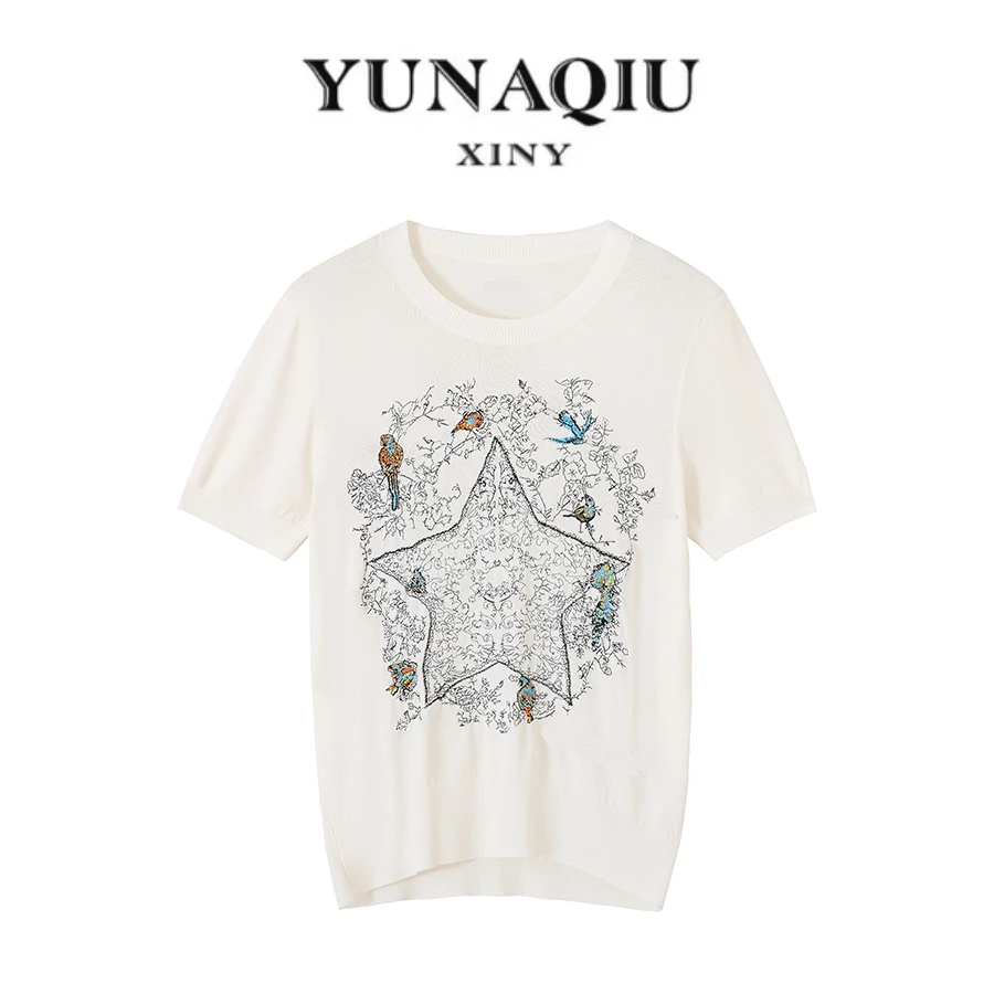 时尚轻奢春夏新款五角星地图重工刺绣短袖针织打底衫绣花T恤-822