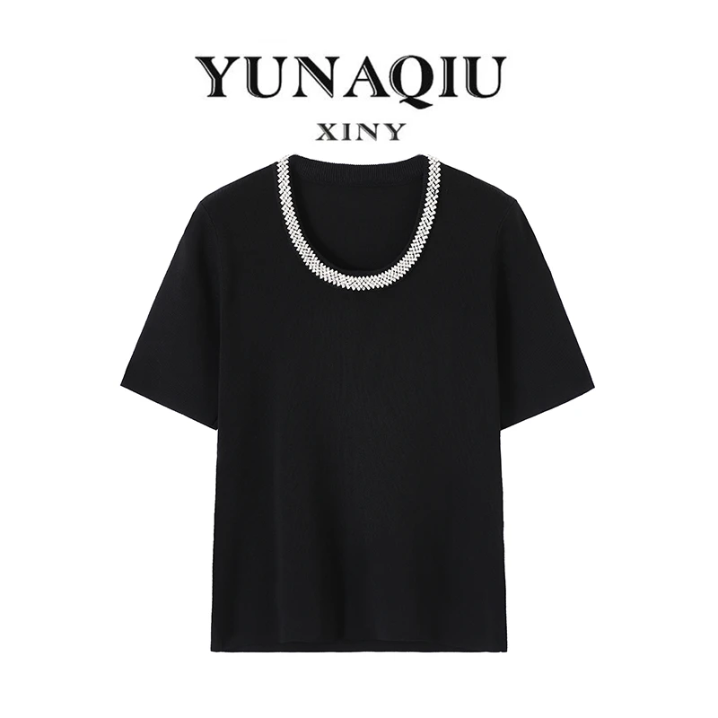 夏季设计师新款高级感套头针织衫气质时尚纯色重工短袖上衣-866