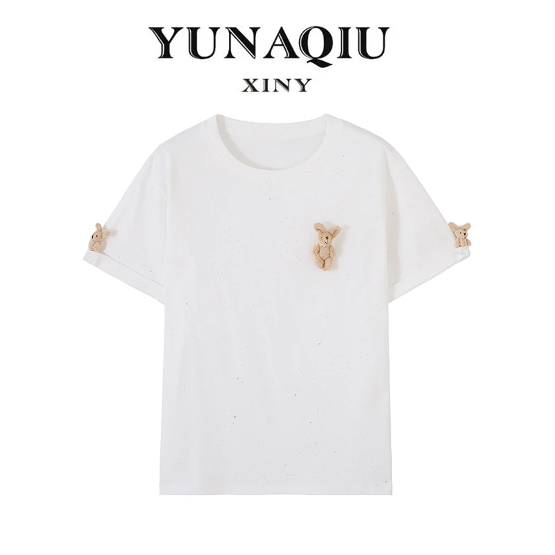 满天星潮流小兔子休闲圆领T恤百搭夏季宽松时尚简约纯色T恤-8718