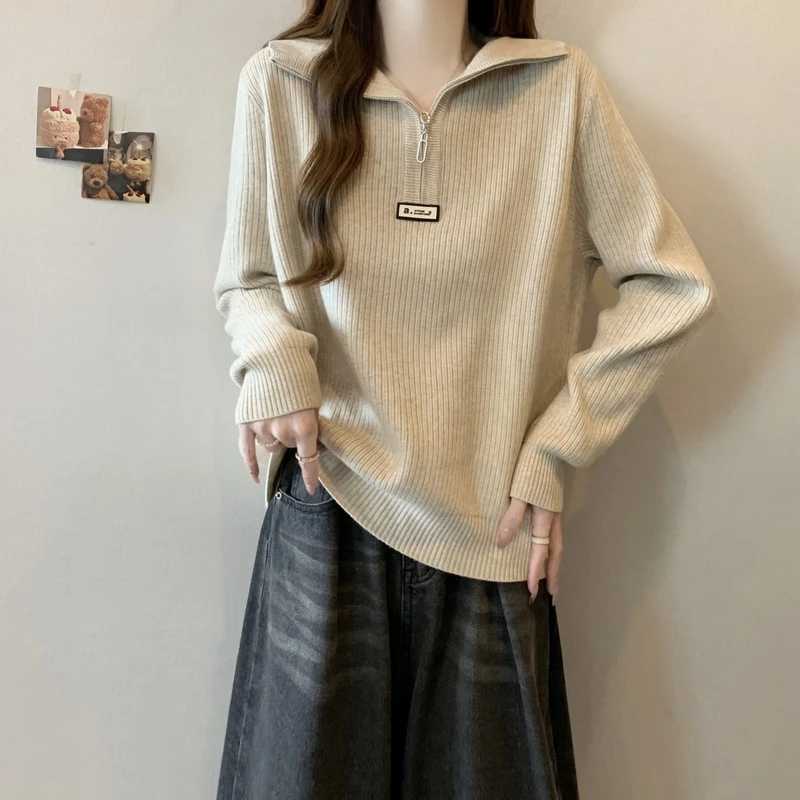 宽松显瘦【80-180斤】大码半拉链针织衫女秋冬Polo领毛衣打底上衣