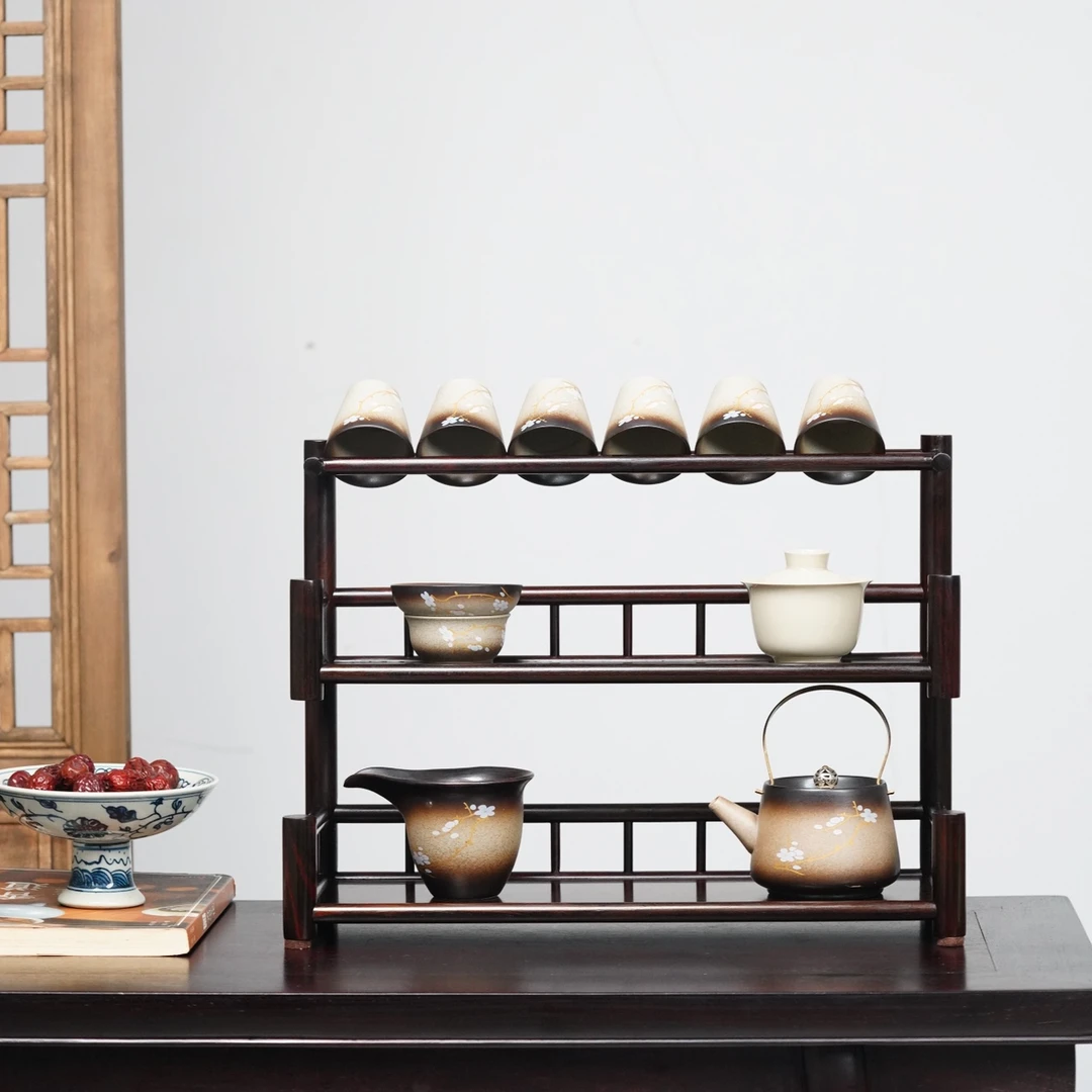 奢侈品老挝大红酸枝三层独板茶杯架交趾黄檀茶架高端红木家具