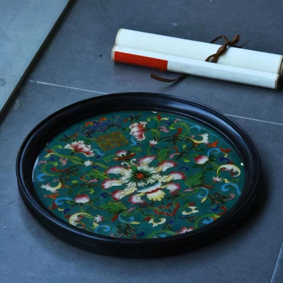 奢侈品紫光檀嵌景泰蓝圆形茶盘高端红木家具托盘东非黑黄檀