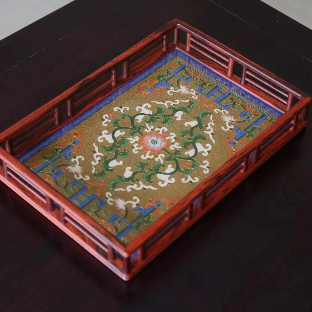 奢侈品印度小叶紫檀景泰蓝托盘高端红木文盘檀香紫檀置物盘
