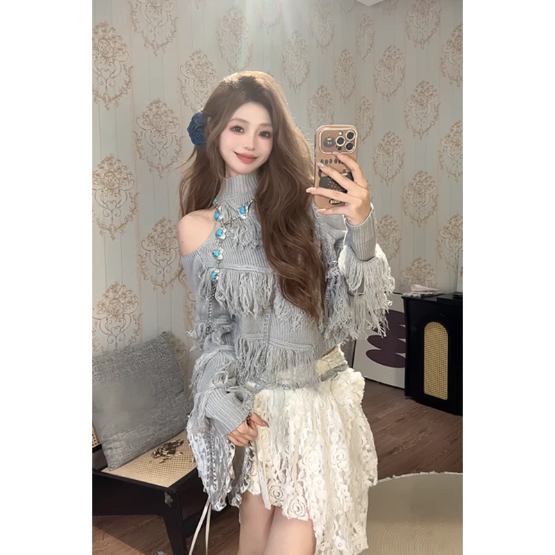 {约克夏千层}设计感流速灰色毛衣秋冬款女 短款针织小众格雷系