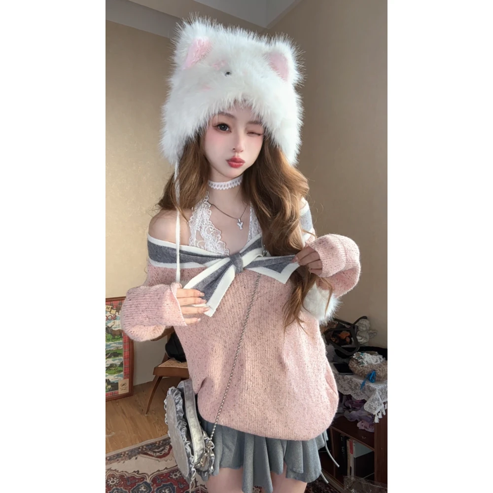 {罗曼蒂克粉}粉色蝴蝶结一字肩毛衣针织长袖秋冬款女 甜美宽松