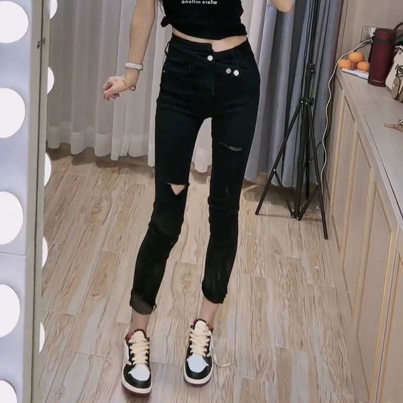 女铅笔裤高腰高弹力牛仔裤春秋新款百搭黑色破洞小脚裤紧身九分裤