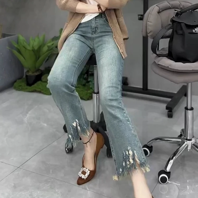 高腰弹力微喇叭牛仔裤女夏季薄款宽松显瘦小个子毛边九分直筒裤