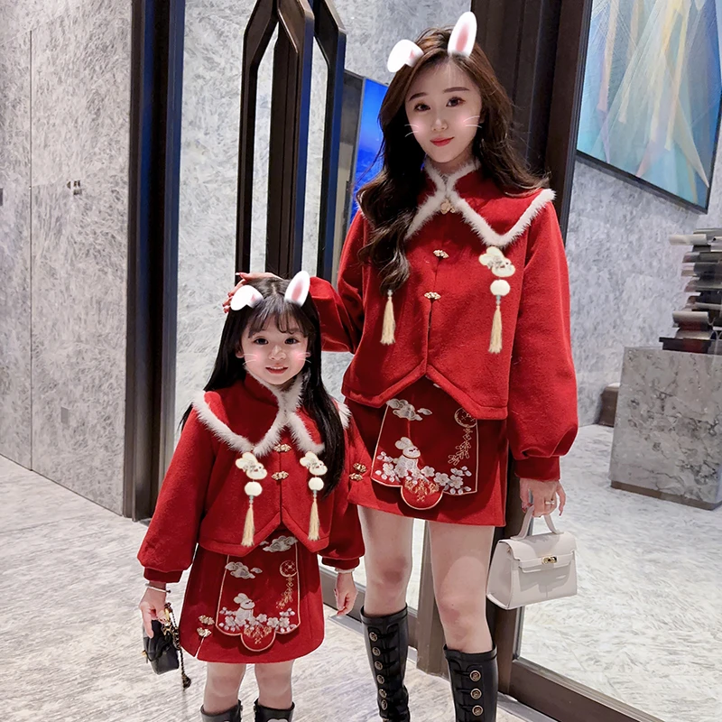 【橙子定制】贺春日记    节日氛围感新年兔兔刺绣套装亲子装国风