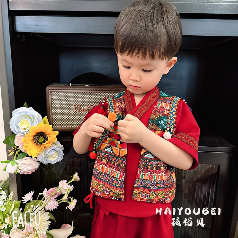 【亲子】少数民族男童红色苗族服装民族风套装夏季中国风