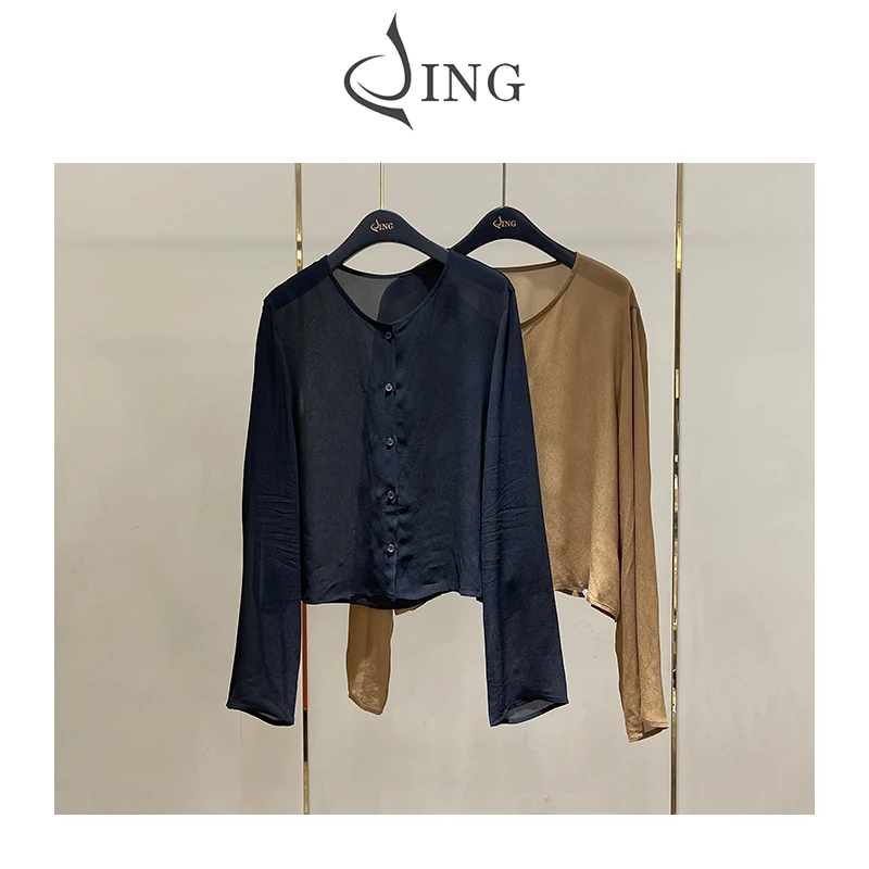 JING 2024夏季新款圆领防晒衣长袖开衫女士宽松简约上衣薄款2176