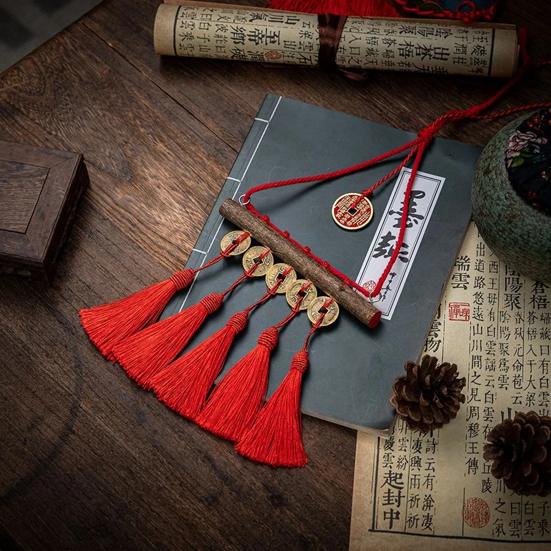 野生东南桃木枝五帝钱挂件门对门装饰客厅卧室招财摆件穿堂夜哭啼