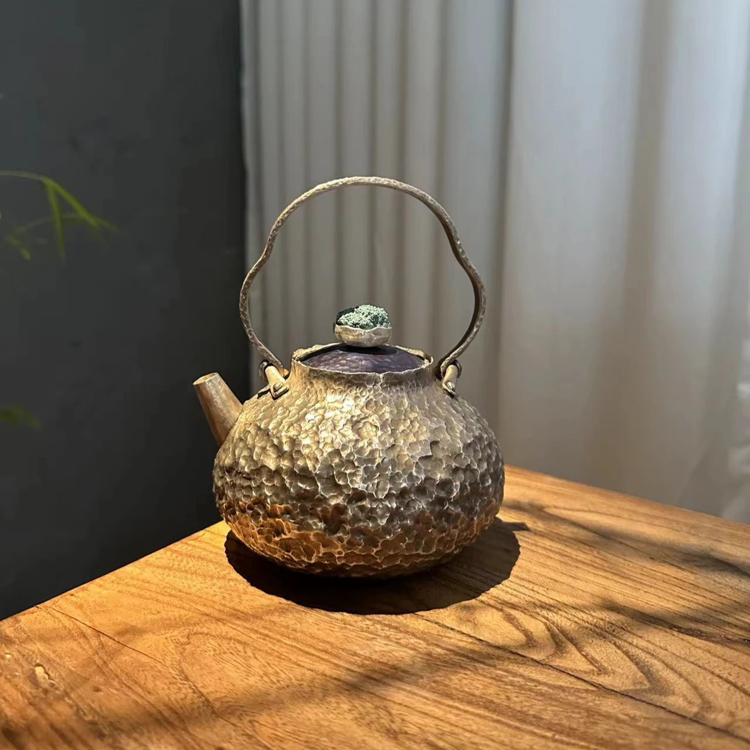 纯手工足银诧寂风绿松烧水锤纹家用日式手工银壶煮水壶