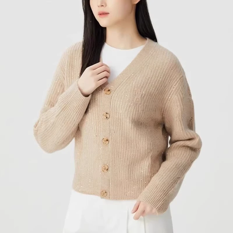 商场同款2024秋冬新款女士V领破洞亮片山羊绒针织开衫外套5499231