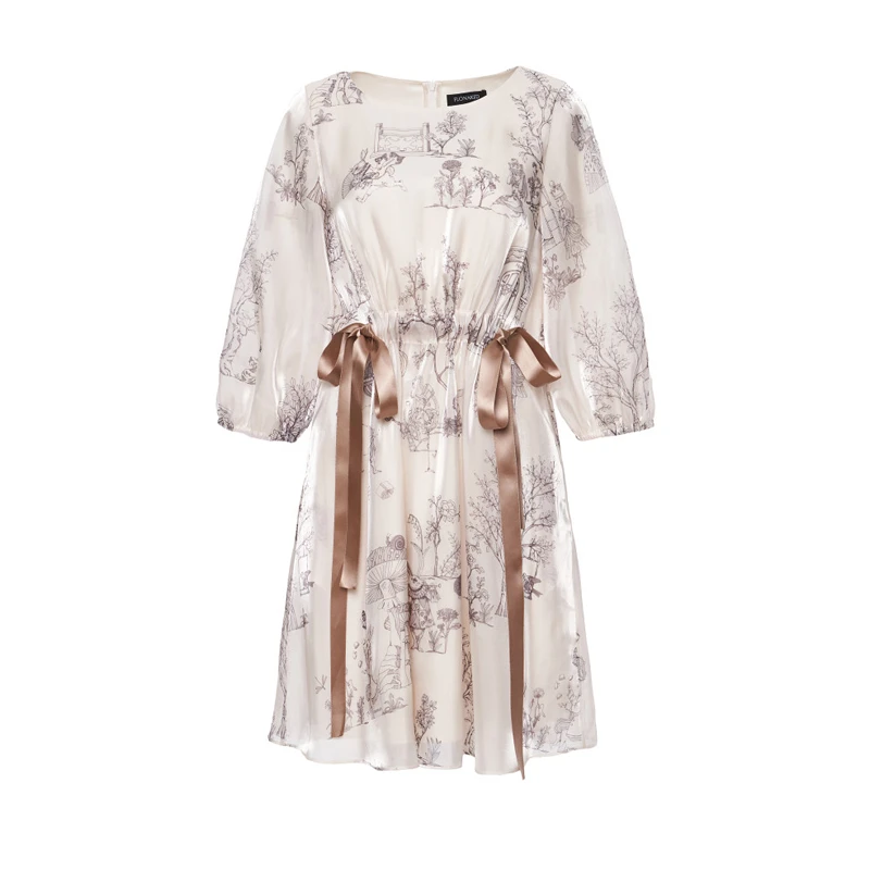 FLONAKED香槟色幻境中式花园印花袖连衣裙FN2DDS075