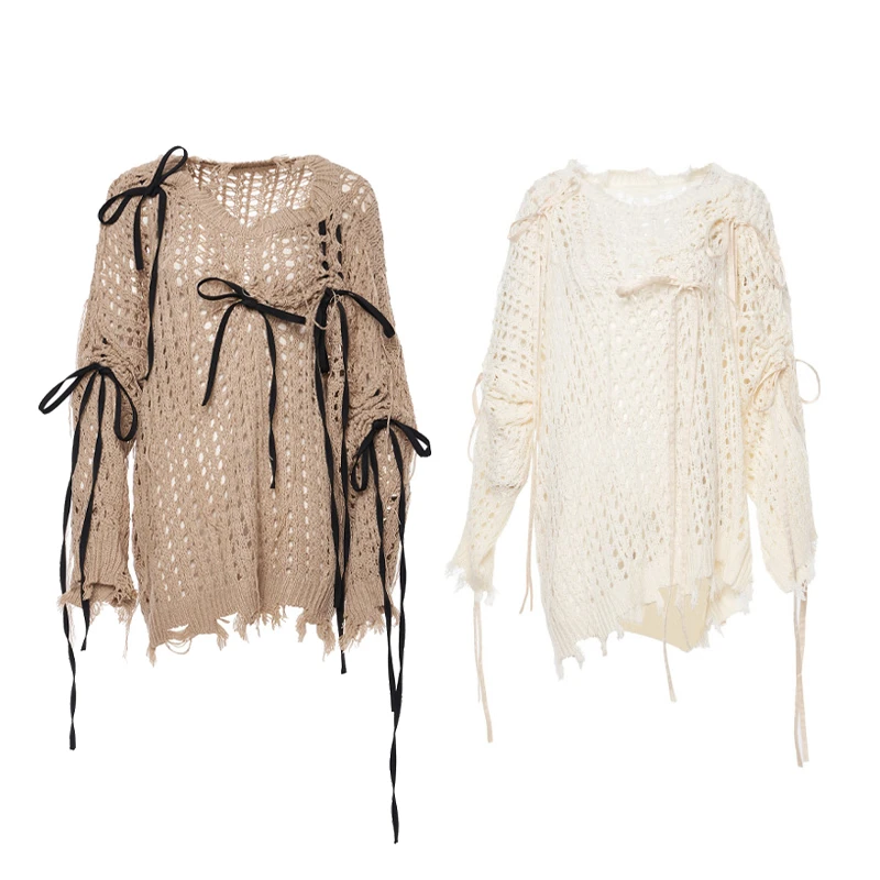 FLONAKED棕色/浅米色飘带长针织上衣 FN2DTS112/FN2DTS111