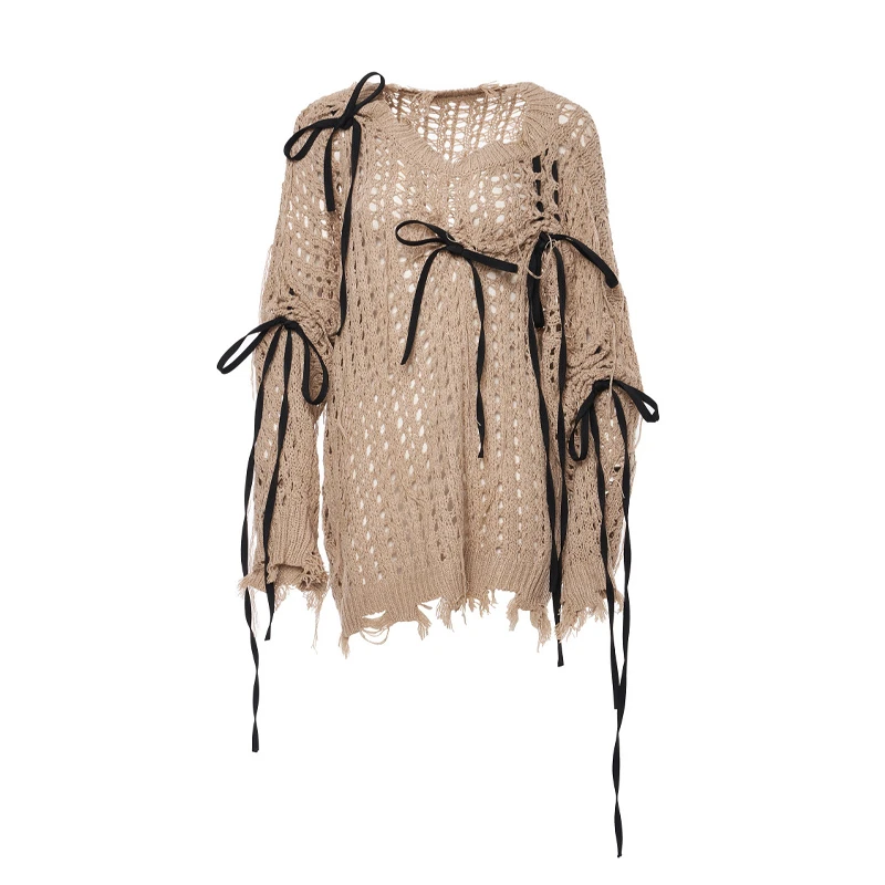 FLONAKED棕色飘带长针织上衣 FN2DTS112