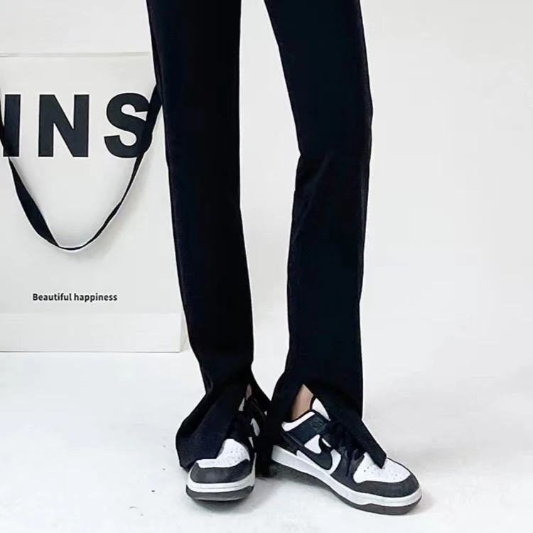 内侧开叉西装裤拖地梨形身材黑色裤子2024春夏显瘦高腰垂感阔腿裤