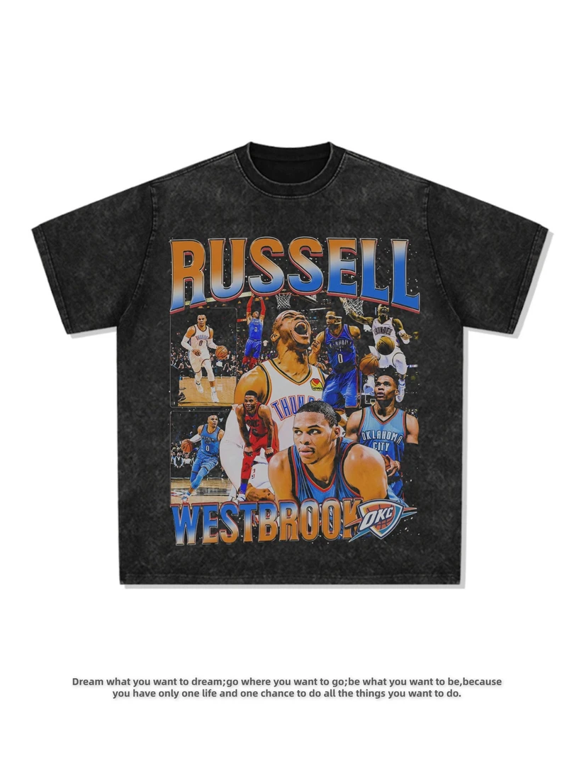 威少威斯布鲁克印花美式复古重磅纯棉短袖男T恤数码直喷嘻哈宽松