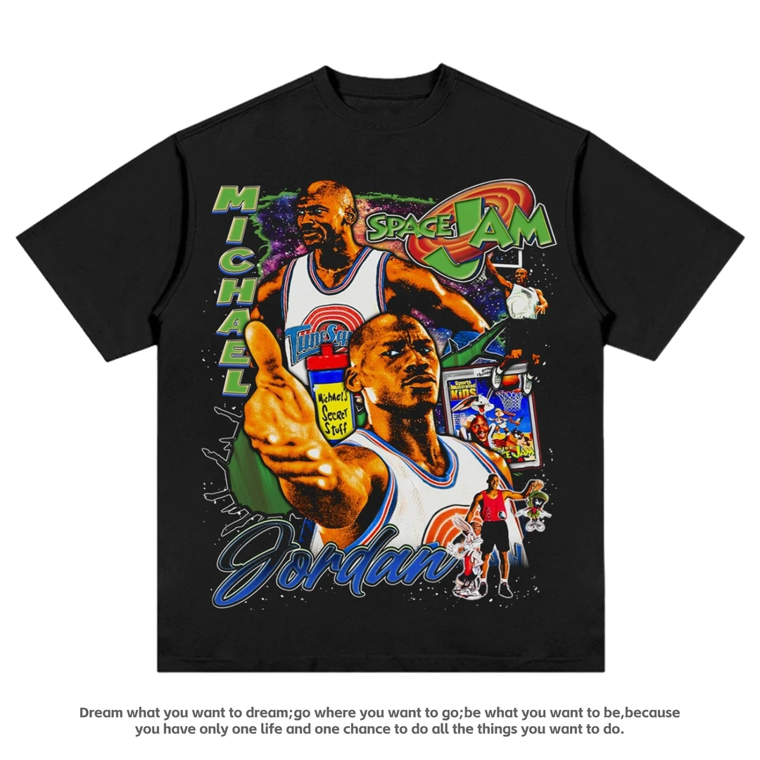 夏季六冠王篮球之神MJ老流氓T恤Vintage篮球复古数码直喷白色短袖