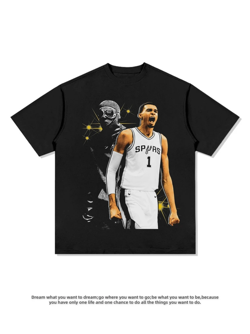 美式文班亚马数码印花短袖马刺队篮球运动休闲纯棉宽松夏季男T恤