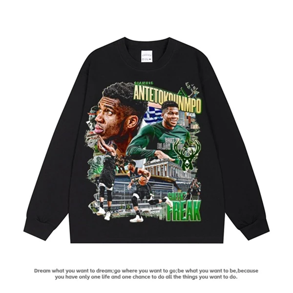 潮牌球星T恤雄鹿字母哥数码印花短袖美式嘻哈篮球男长袖纯棉透气