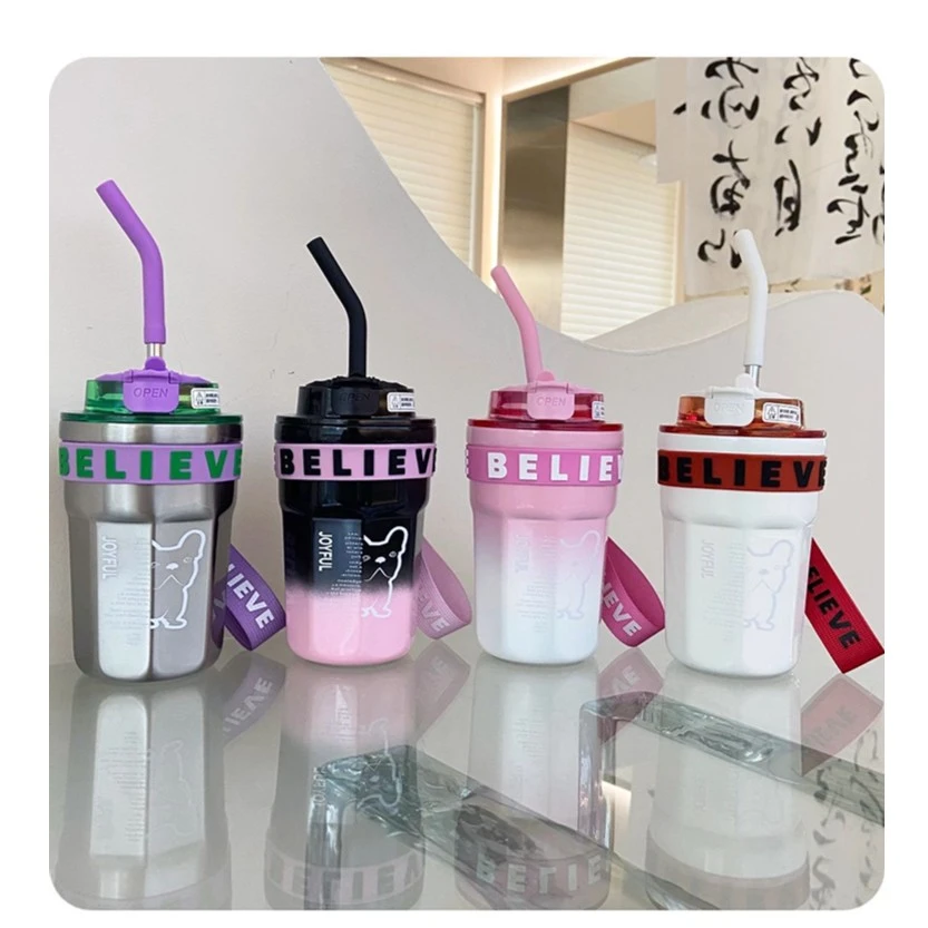 qut 400毫升时尚渐变网红可爱吸管提手便携咖啡杯桌面杯车载杯