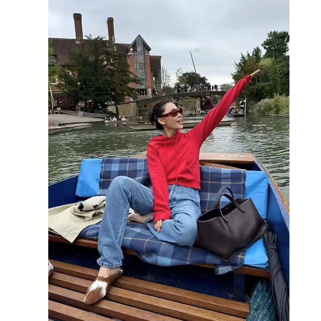 F3338简约风插肩袖口袋连帽红卫衣