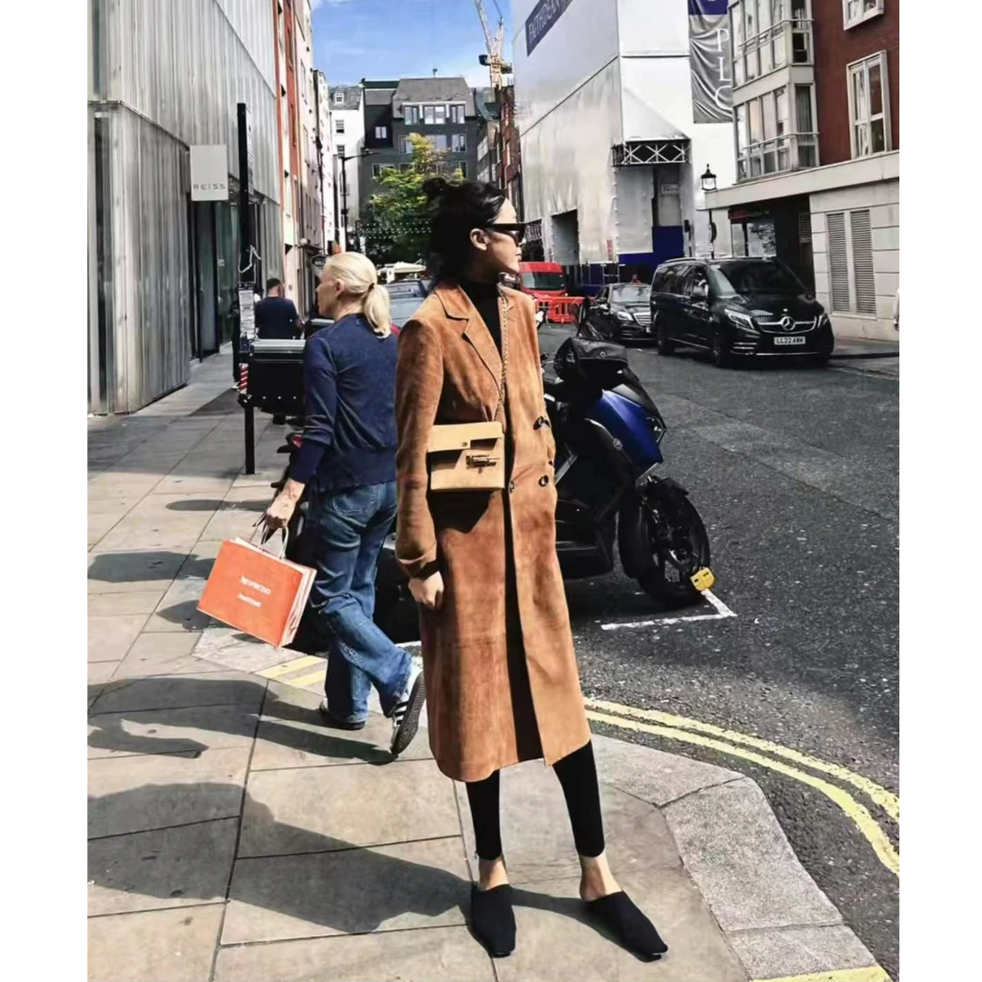 A7972英伦风轻奢翻领长款皮衣