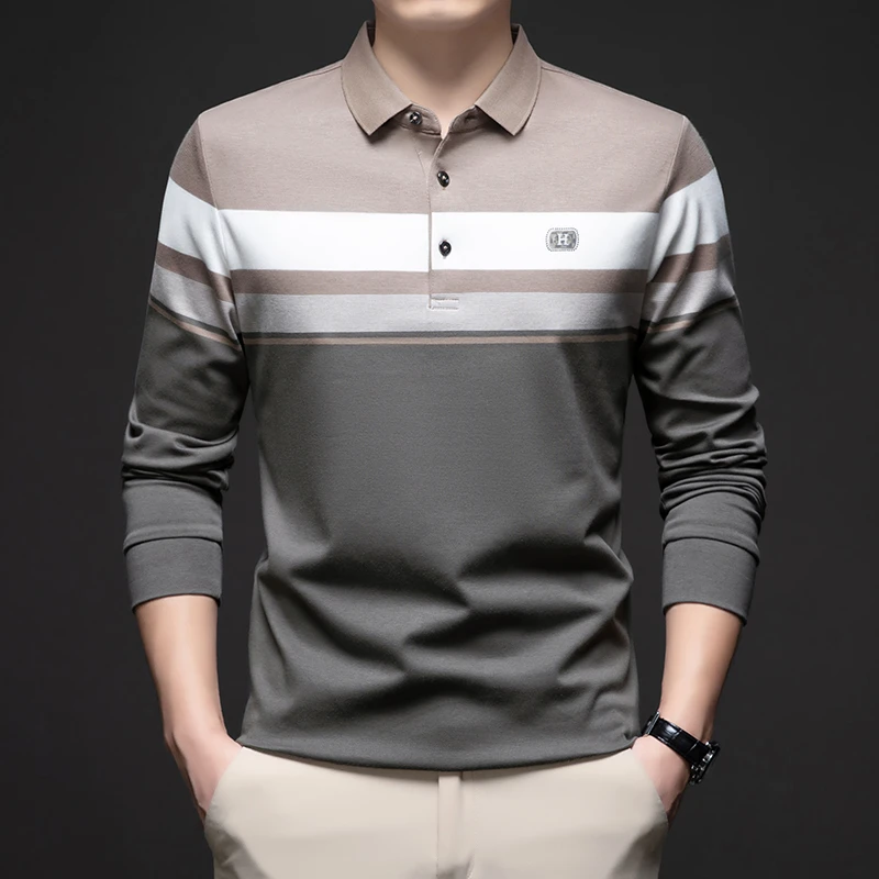 高棉男士秋季长袖T恤男装翻领条纹渐变中年商务休闲Polo衫