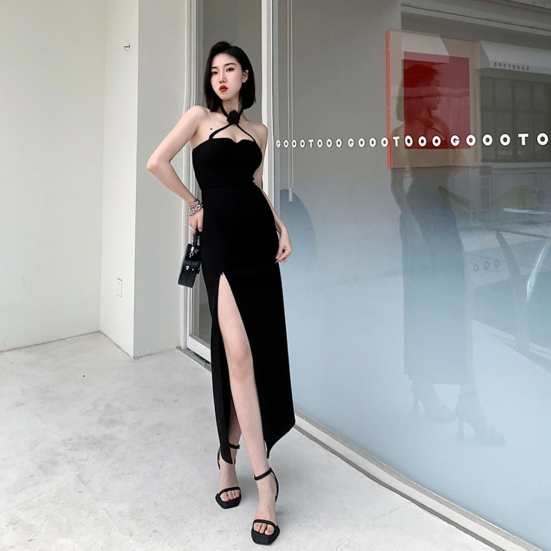 十三粥私服 心机小黑裙 性感辣妹修身抹胸裙显瘦侧开叉设计连衣裙