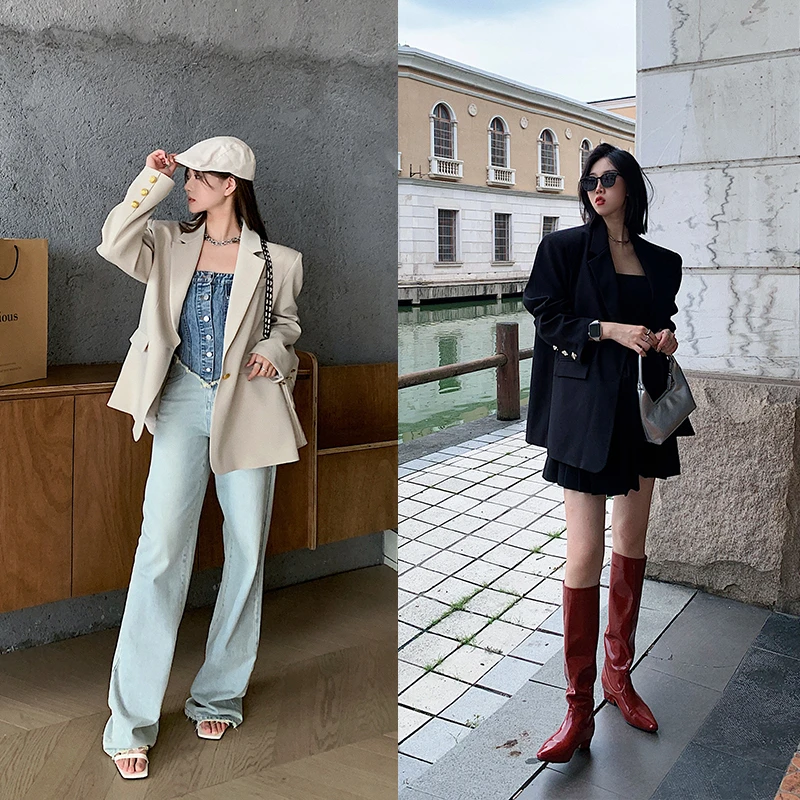 十三粥私服 秋日杂志 气质宽松显瘦西装外套百褶连衣裙两件套装女
