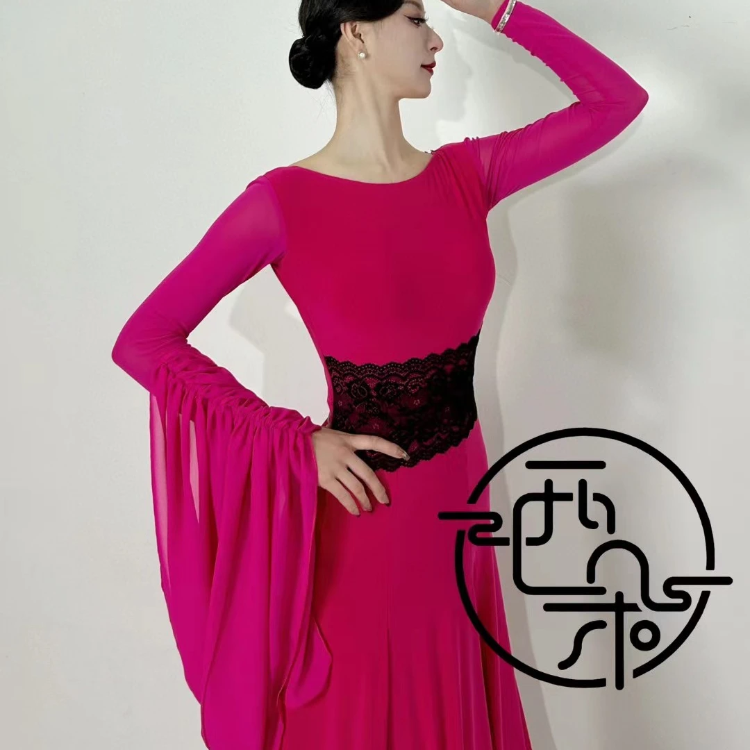 西朵舞服大袖飘玫红摩登连衣裙水晶麻长袖秋冬款