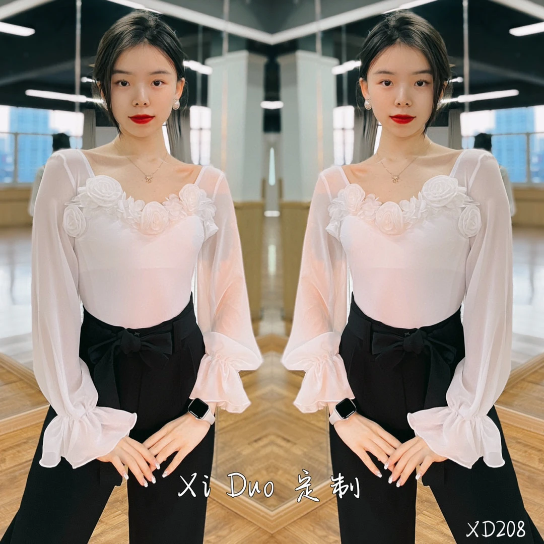 西朵舞服浪漫花朵雪纺长袖露背修身气质款练功服上衣新品XD208