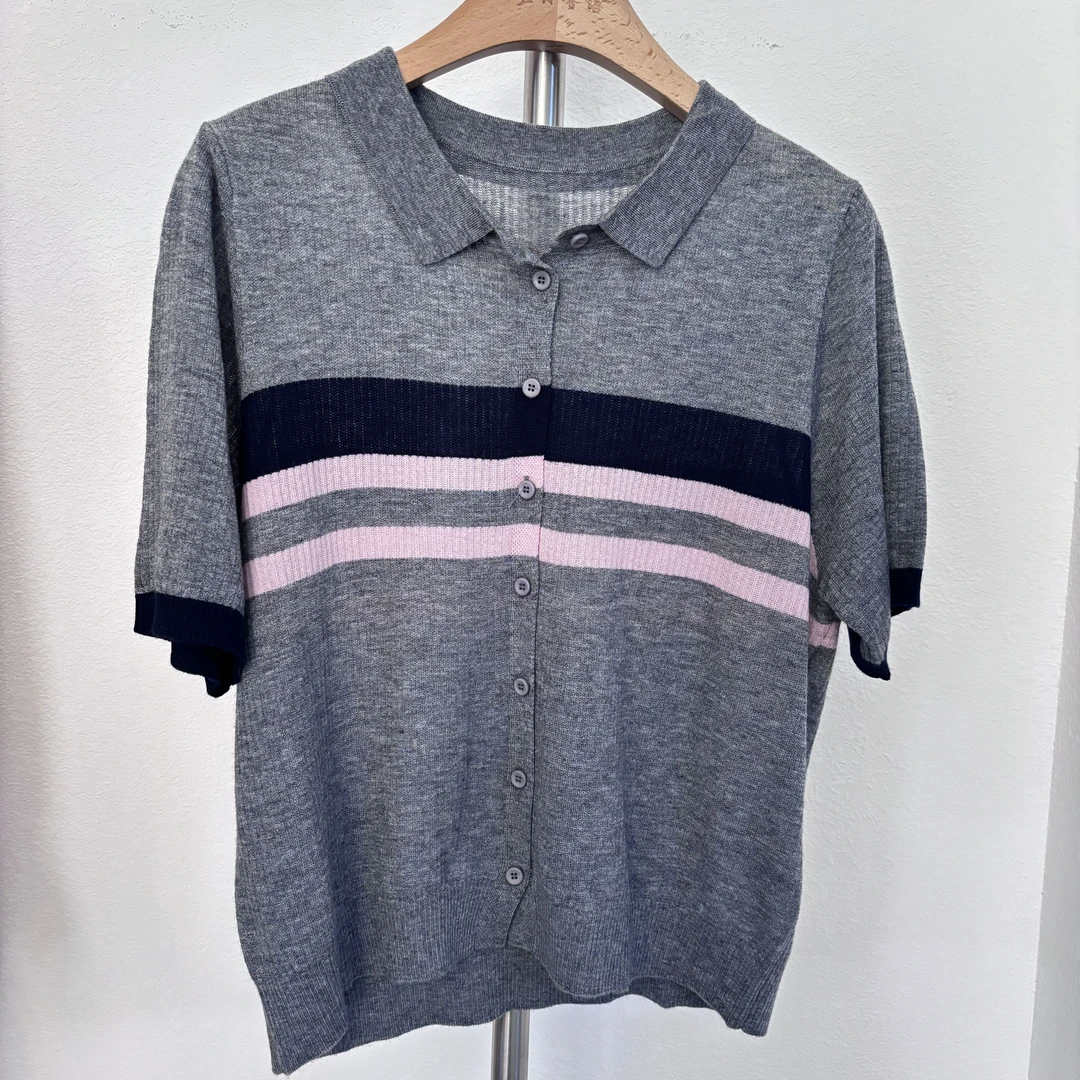 馨语家早秋福利款韩版通勤气质简约polo领条纹针织衫短袖休闲时尚