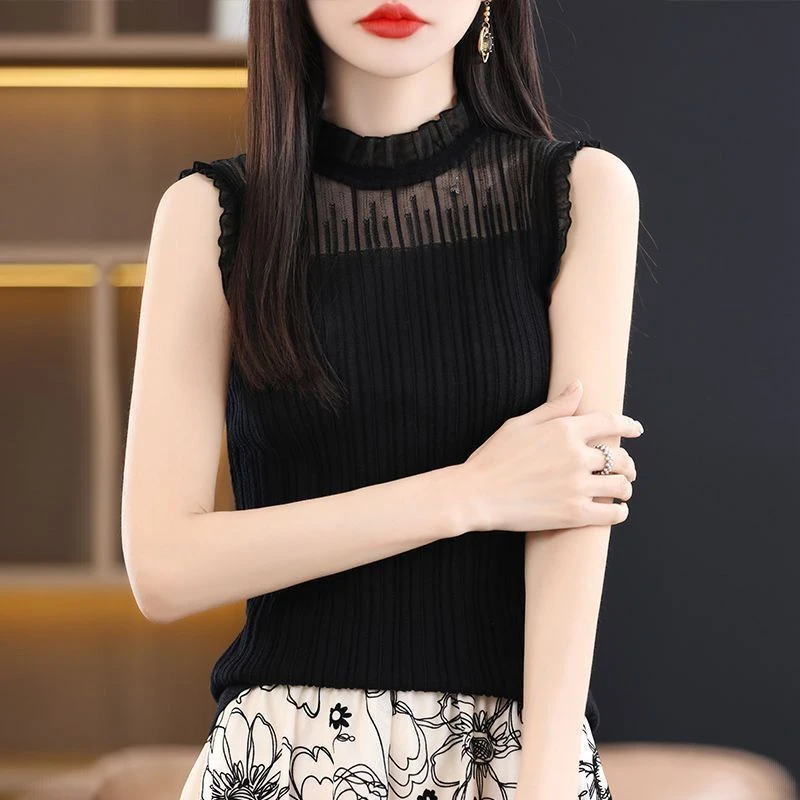 2023新款高品质背心女内搭半高领无袖上衣木耳边镂空百搭打底衫