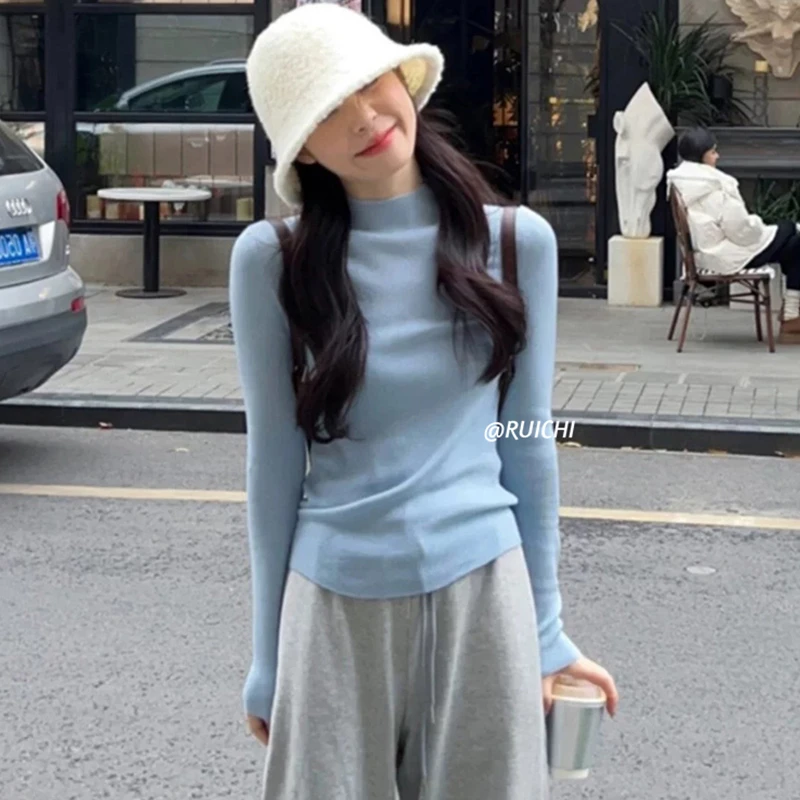 韩系奶蓝色春季新款2025半高领内搭打底衫修身显瘦长袖上衣女ins