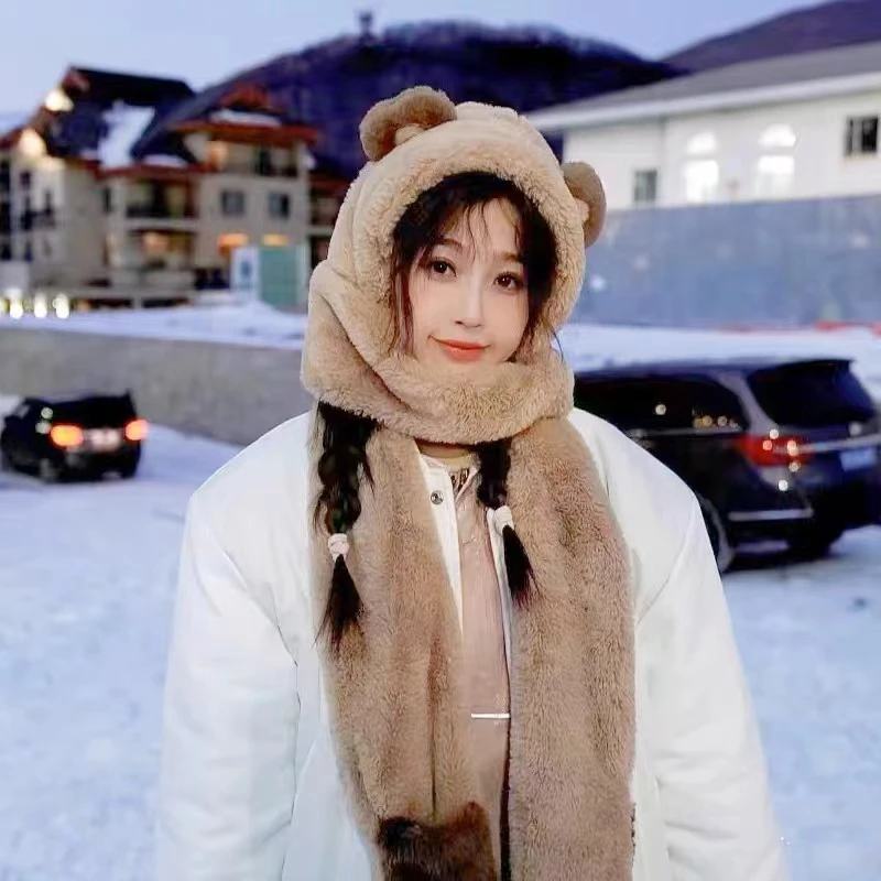 虞书欣同款小熊帽子围巾一体女秋冬季百搭可爱保暖连帽毛绒三件套