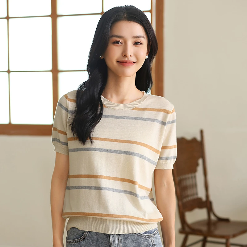 纯棉线针织衫短袖T恤女条纹夏薄款短袖圆领休闲宽松套头t恤e上衣